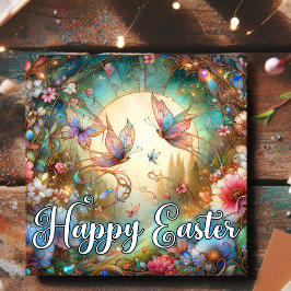 Happy Easter Art Nouveau Glas in lood Vlinders Feestdagenkaart