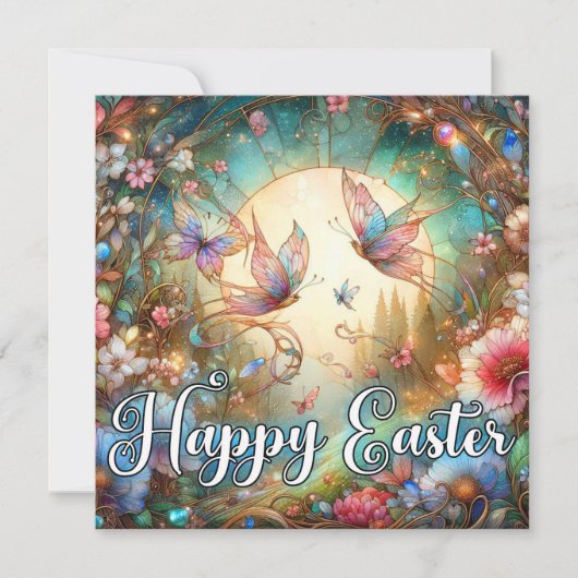 Happy Easter Art Nouveau Glas in lood Vlinders Feestdagenkaart (Voorkant)