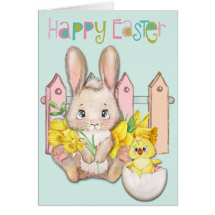 Happy Easter Baby Bunny en Chick met Daffodils