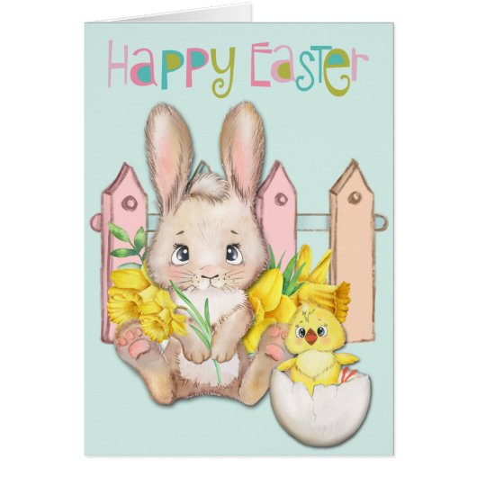 Happy Easter Baby Bunny en Chick met Daffodils (Voorkant)
