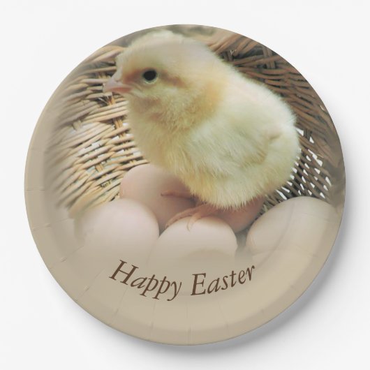 Happy Easter Baby Chick in een mandje Papieren Bordje (Voorkant)