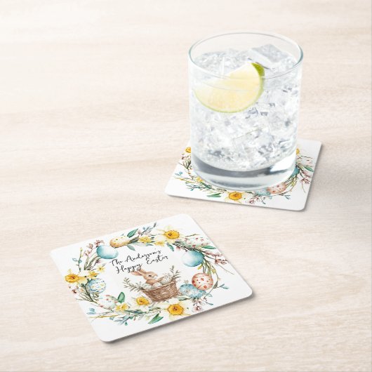 Happy Easter banny met mand en bloemenpaas Kartonnen Onderzetters (Insitu)