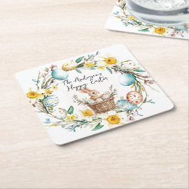 Happy Easter banny met mand en bloemenpaas Kartonnen Onderzetters