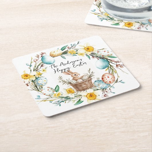 Happy Easter banny met mand en bloemenpaas Kartonnen Onderzetters (Schuin)