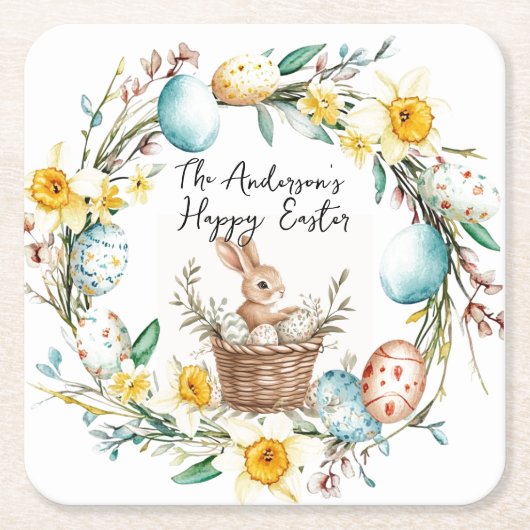 Happy Easter banny met mand en bloemenpaas Kartonnen Onderzetters (Voorkant)