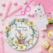 Happy Easter banny met mand en bloemenpaas Papieren Bordje (Feest)