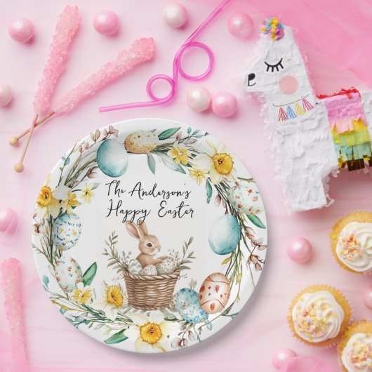 Happy Easter banny met mand en bloemenpaas Papieren Bordje (Feest)