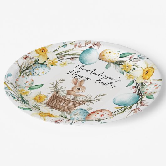 Happy Easter banny met mand en bloemenpaas Papieren Bordje (Gekanteld)