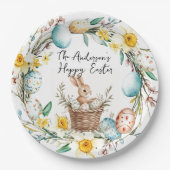Happy Easter banny met mand en bloemenpaas Papieren Bordje (Voorkant)