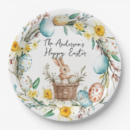 Happy Easter banny met mand en bloemenpaas Papieren Bordje