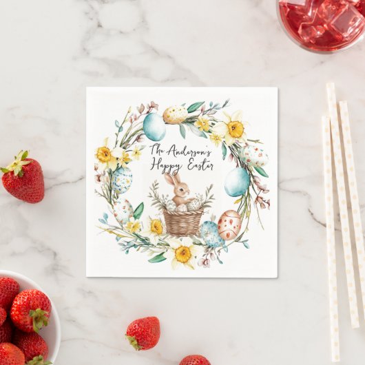 Happy Easter banny met mand en bloemenpaas Servet (Insitu)