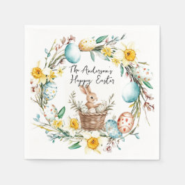 Happy Easter banny met mand en bloemenpaas Servet