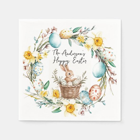 Happy Easter banny met mand en bloemenpaas Servet (Voorkant)