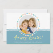 "Happy Easter" blauwe Paaskrans Custom Foto Feestdagenkaart (Voorkant)