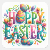 Happy Easter Bloemen Groet Springtime Fun Vierkante Sticker (Voorkant)