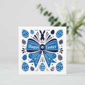 Happy Easter Blue Bow Folk Art Bunny & Eggs Spring Feestdagenkaart (Staand voorkant)