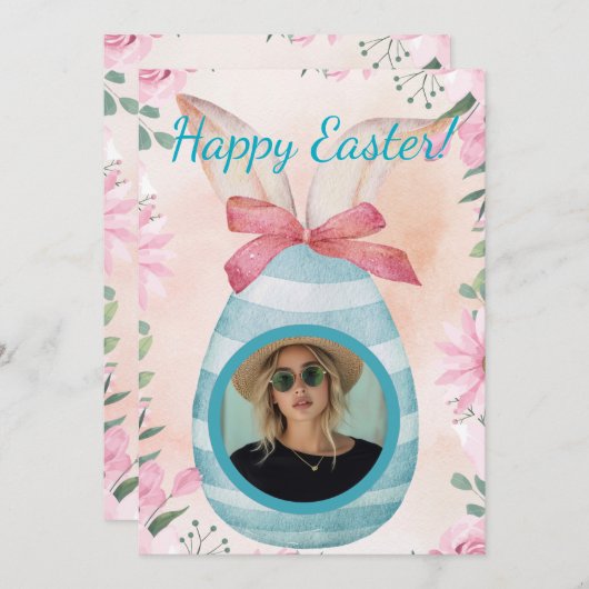Happy Easter - blue egg with photo option Kaart (Voorkant / Achterkant)