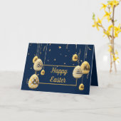 Happy Easter Blue en Golden Eggs Groet Kaart (Gele Bloem)