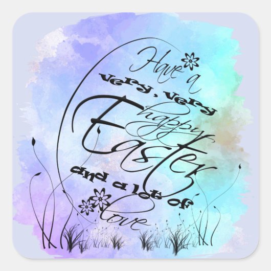 Happy Easter Blue Paars Calligraphy Illustration Vierkante Sticker (Voorkant)