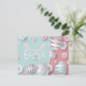 Happy Easter Blue Roze Paarse Decorated Eggs Briefkaart (Staand voorkant)