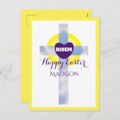 Happy Easter Blue Sky Cross - aangepaste naam geel Feestdagenkaart (Voorkant / Achterkant)