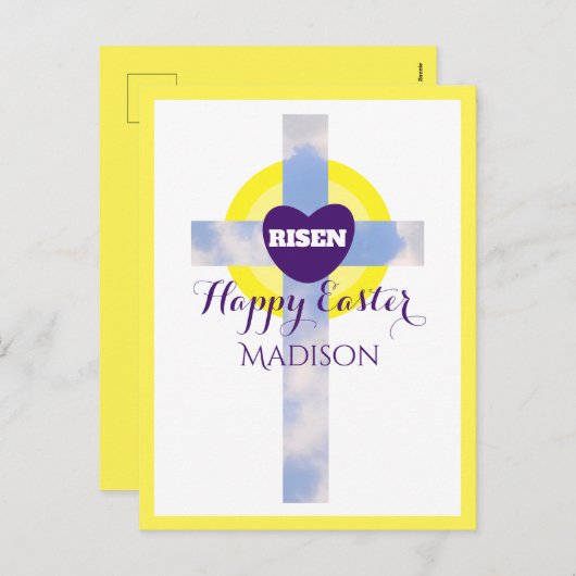 Happy Easter Blue Sky Cross - aangepaste naam geel Feestdagenkaart (Voorkant / Achterkant)