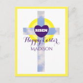 Happy Easter Blue Sky Cross - aangepaste naam geel Feestdagenkaart (Voorkant)