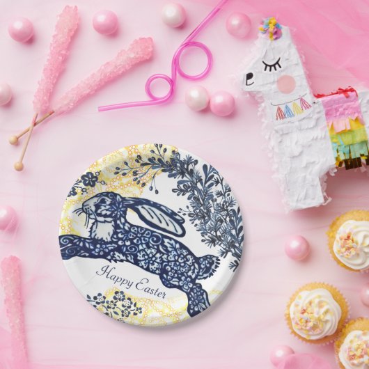 Happy Easter Blue White Yellow Rabbit Chinoiserie Papieren Bordje (Feest)