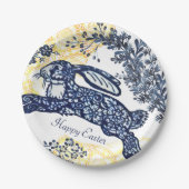 Happy Easter Blue White Yellow Rabbit Chinoiserie Papieren Bordje (Voorkant)