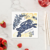 Happy Easter Blue White Yellow Rabbit Chinoiserie Servet (Insitu)