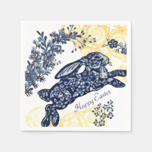 Happy Easter Blue White Yellow Rabbit Chinoiserie