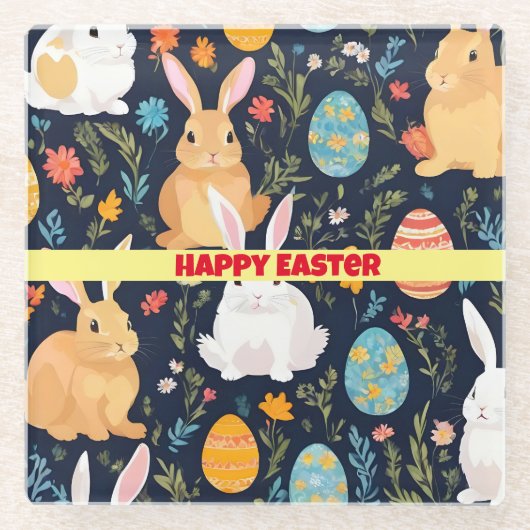 Happy Easter Boho Bunny Collectie Glazen Onderzetter (Voorkant)