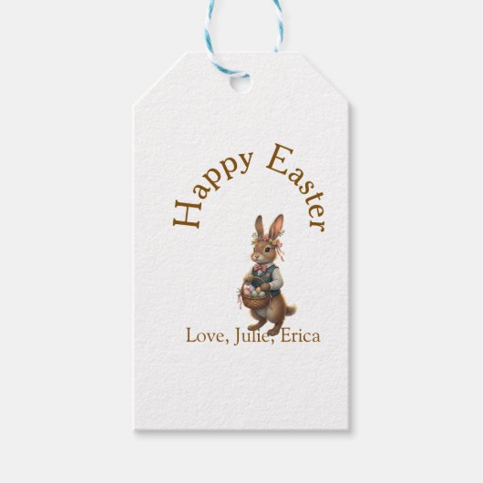 Happy Easter brown bunny with eggs love add name  Cadeaulabel (Voorkant)