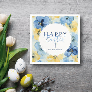 Happy Easter Brunch Bloemenkruis Religieus Blauw Servet