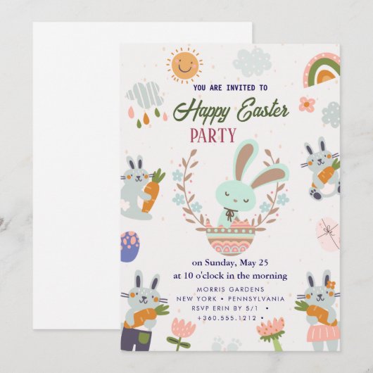 Happy Easter Brunch en Egg Hunt Uitnodiging (Voorkant / Achterkant)