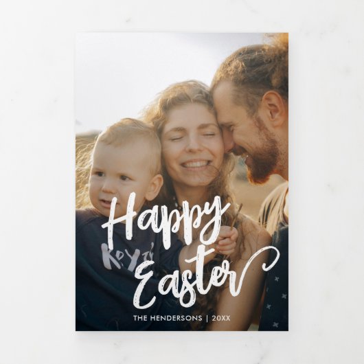 Happy Easter Brusch Script Multi Photo Drieluik Wenskaart (Cover)