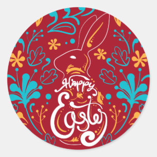 Happy Easter Bunny, Artsy Abstract Floral, Red Ronde Sticker