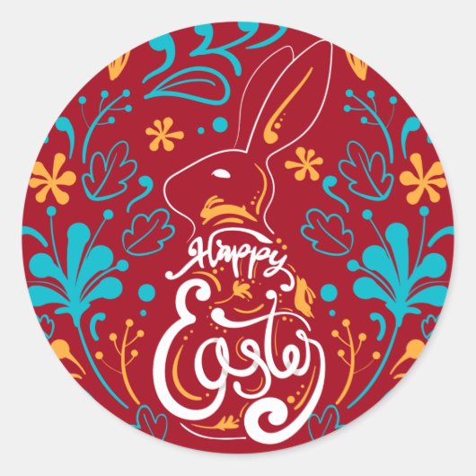 Happy Easter Bunny, Artsy Abstract Floral, Red Ronde Sticker (Voorkant)