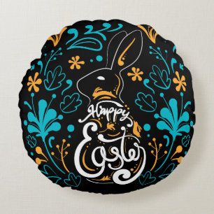 Happy Easter Bunny, Artsy Abstract Floral, zwart Rond Kussen