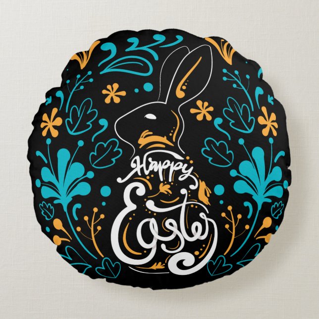 Happy Easter Bunny, Artsy Abstract Floral, zwart Rond Kussen (Voorkant)