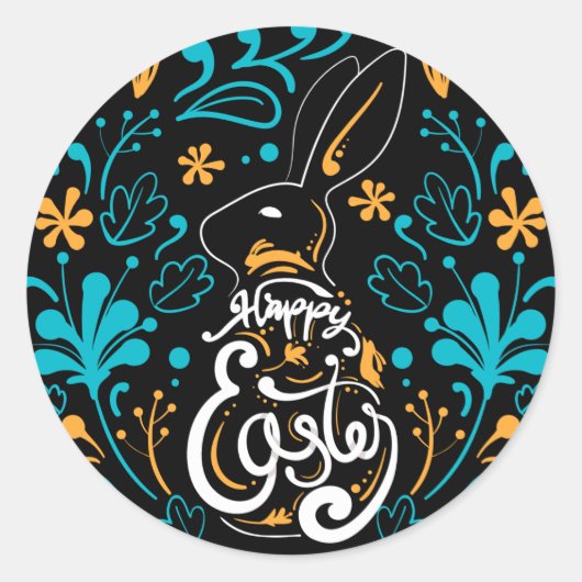 Happy Easter Bunny, Artsy Abstract Floral, zwart Ronde Sticker (Voorkant)