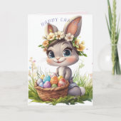 Happy Easter Bunny Basket Eieren Bloemen Kaart (Voorkant)