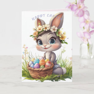 Happy Easter Bunny Basket Eieren Bloemen Kaart