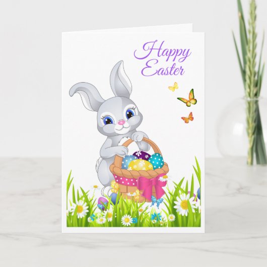Happy Easter Bunny Basket Personalize Name Feestdagen Kaart (Voorkant)