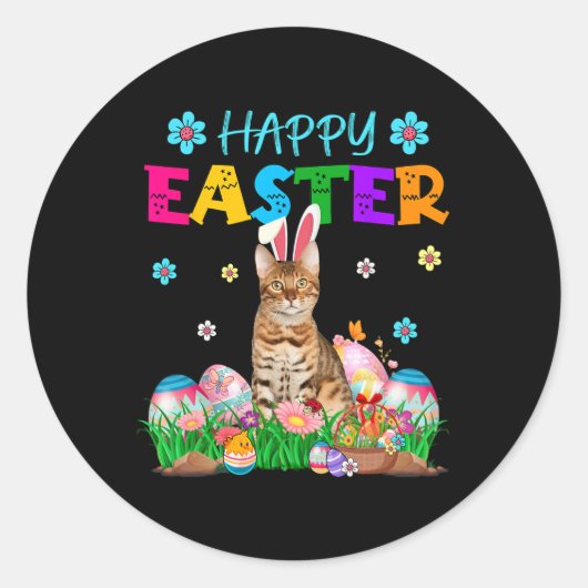 Happy Easter Bunny Bengal Cat Hunting Eggs Kleur Ronde Sticker (Voorkant)