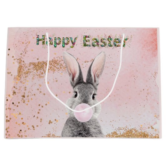 Happy Easter Bunny blaast Pink Bubble Gum Groot Cadeauzakje (Voorkant)