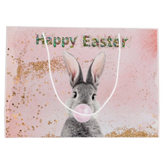 Happy Easter Bunny blaast Pink Bubble Gum Groot Cadeauzakje (Achterkant)