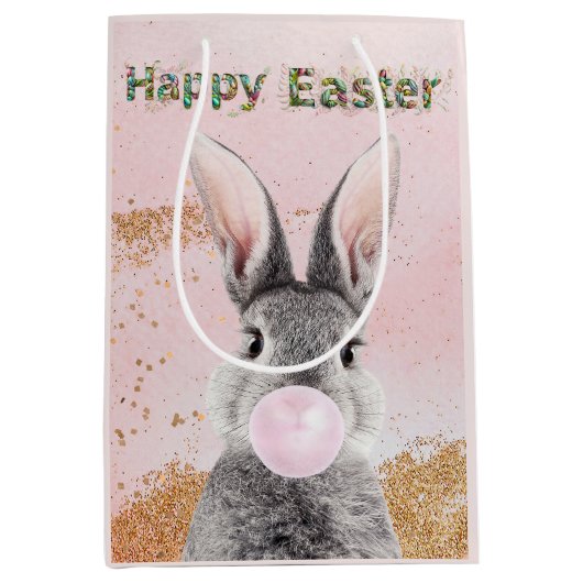 Happy Easter Bunny blaast Pink Bubble Gum Medium Cadeauzakje (Voorkant)