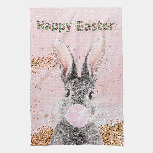 Happy Easter Bunny blaast Pink Bubble Gum Theedoek (Verticaal)