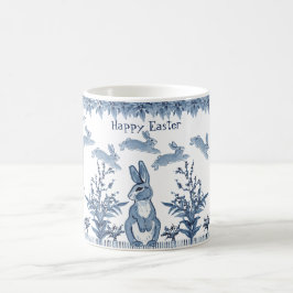 Happy Easter Bunny Blue White Rabbit Pattern Delft Koffiemok